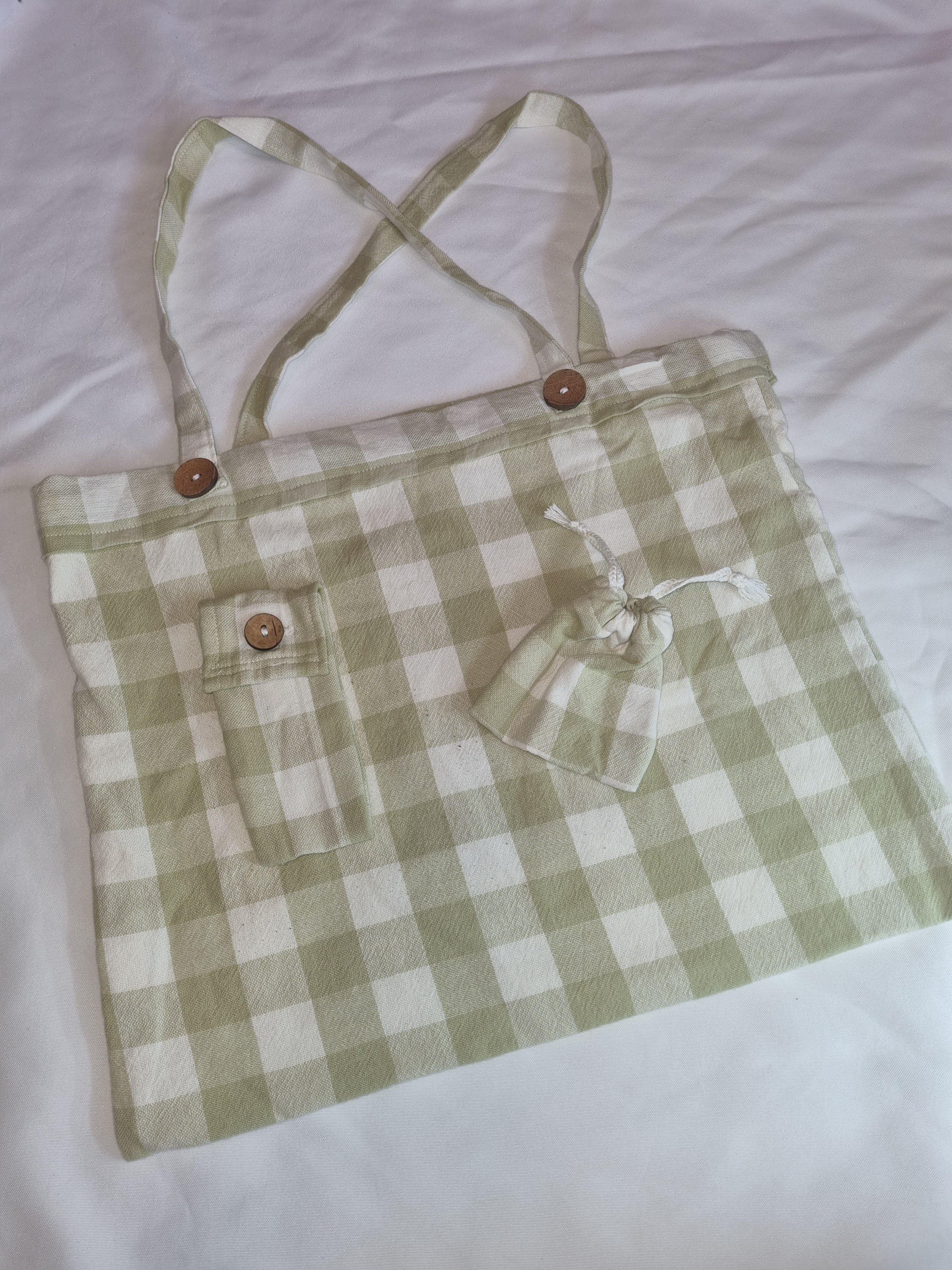 Pastel Green Gingham Tote Bag +Small Pouch +Small Fabric Glasses Holder