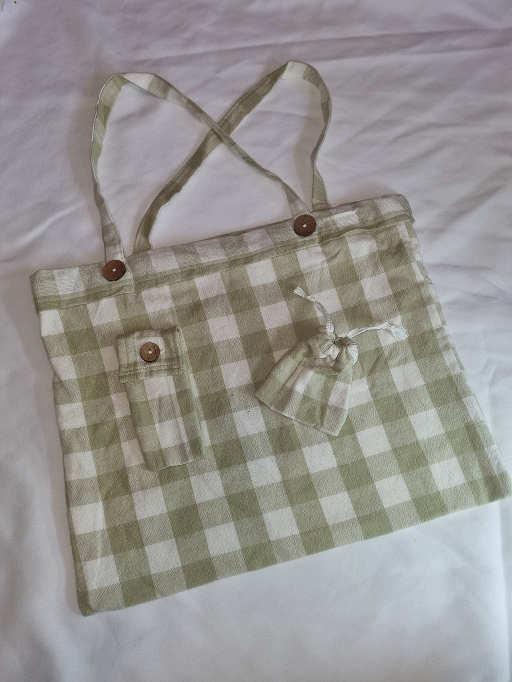 Pastel Green Gingham Tote Bag +Small Pouch +Small Fabric Glasses Holder