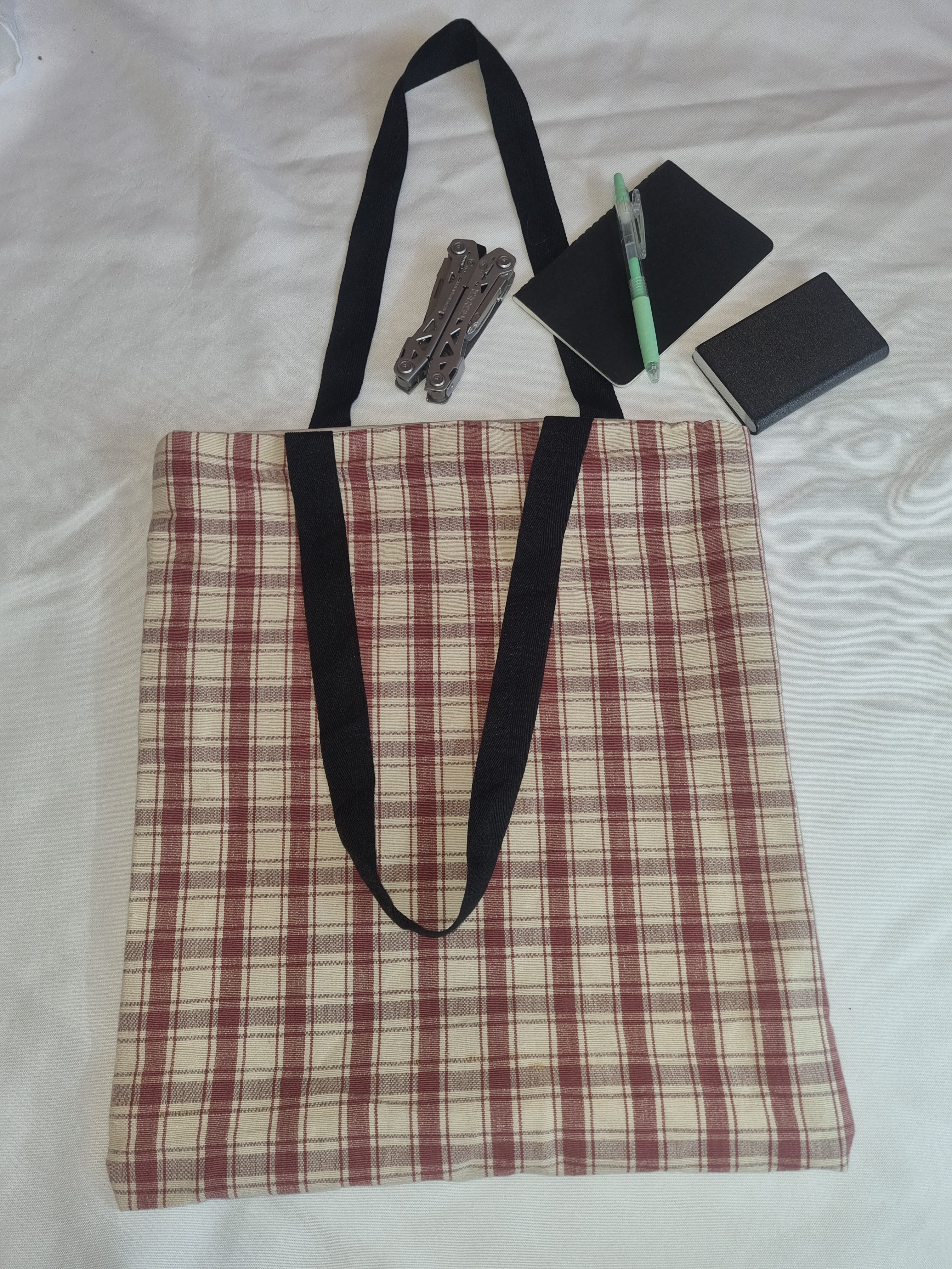 Plaid Red and Beige Tote Bag