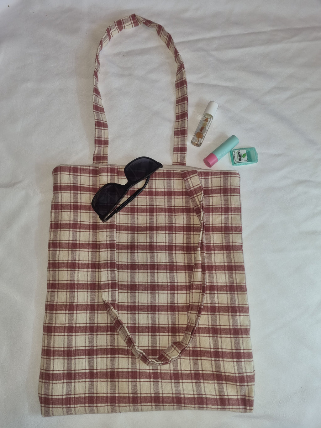 Plaid Beige and Red Tote Bag
