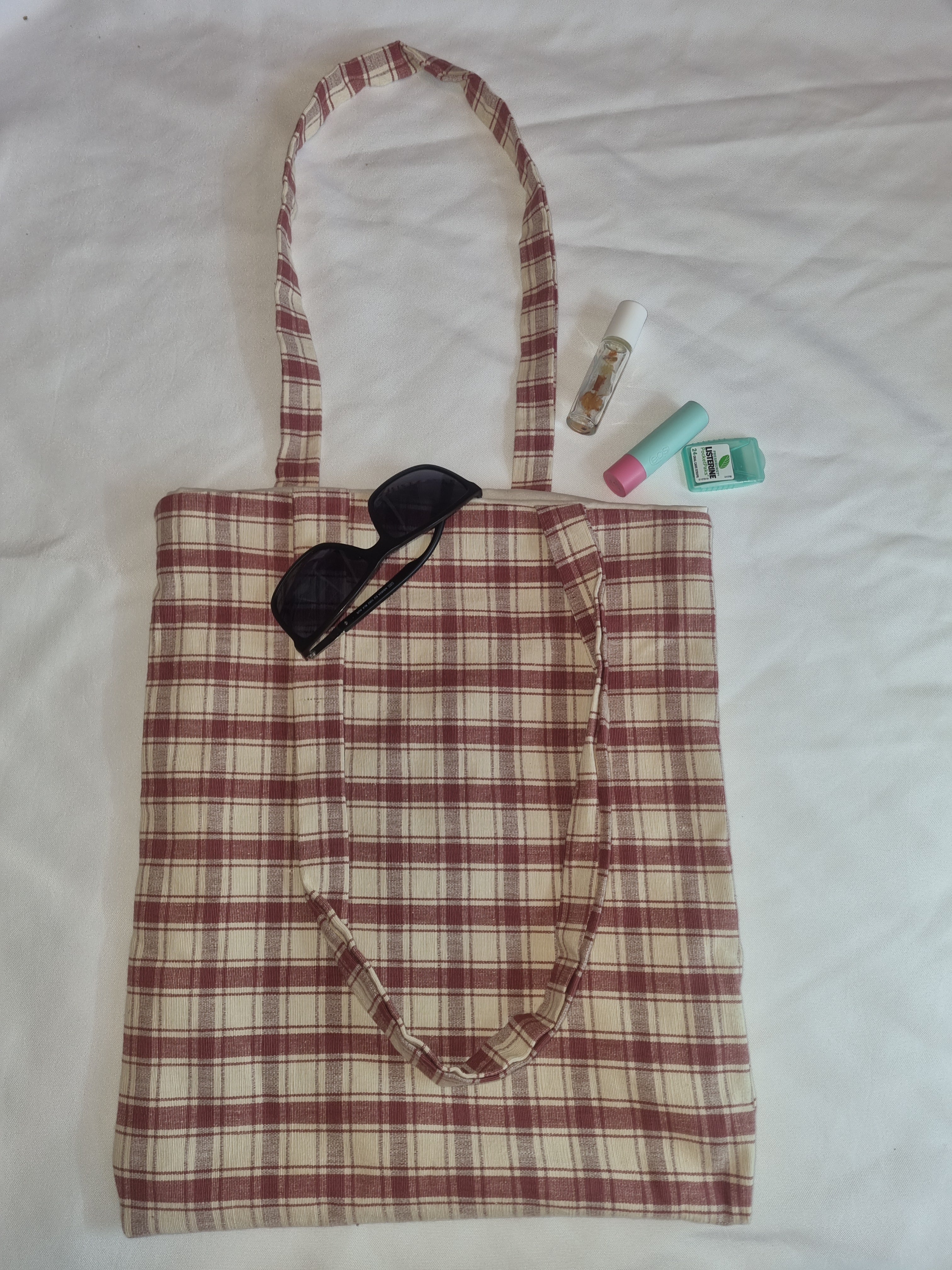 Plaid Beige and Red Tote Bag